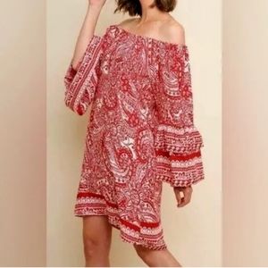 Umgee Red White Print Tunic Mini Dress Medium